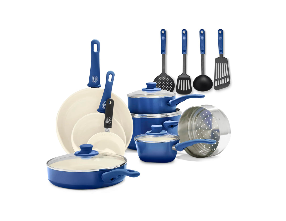 GreenLife 16-piece set overview with vibrant blue finish for easy cooking