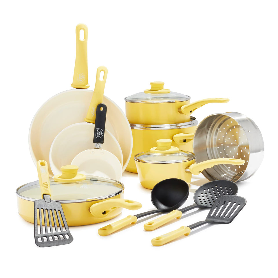 GreenLife 16-piece set in yellow for easy cooking and cleanup.