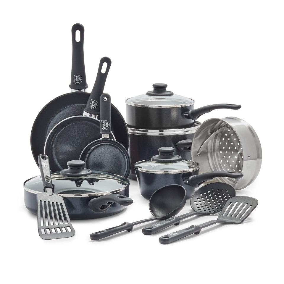 GreenLife 16-piece nonstick cookware set laid out for versatile meals and easy cleanup
