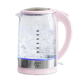 GreenLife 1.7L glass kettle on pink base, ready for fast heating and easy serving.