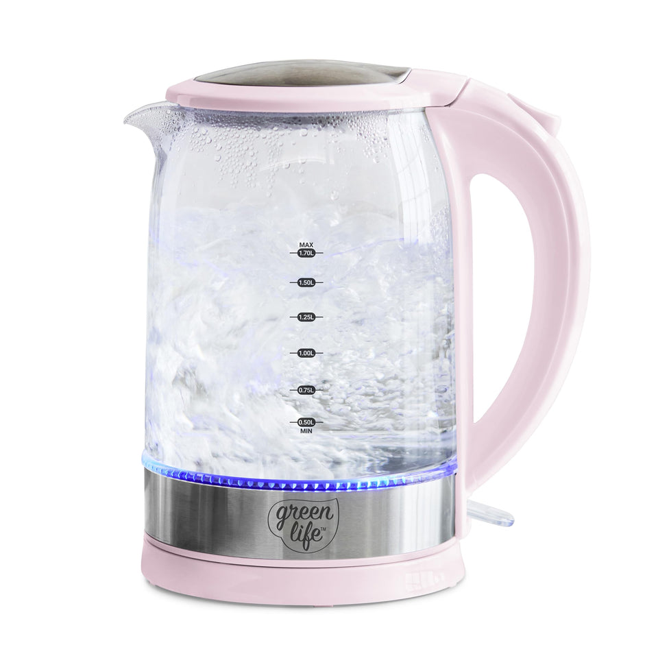 GreenLife 1.7L glass kettle on pink base, ready for fast heating and easy serving.