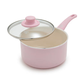GreenLife 2.5QT saucepan with pink glass lid for clear view during simmering.