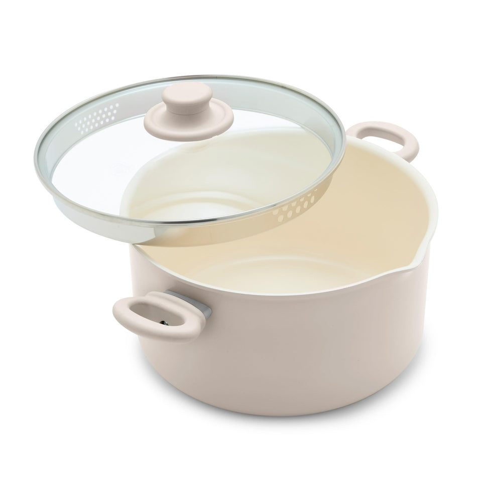 GreenLife 6QT stockpot with glass lid shows easy-release ceramic coating for cleanup.