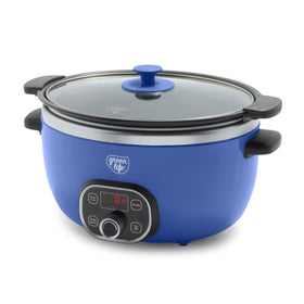 GreenLife 6QT slow cooker exterior in blue, ideal for family meals.