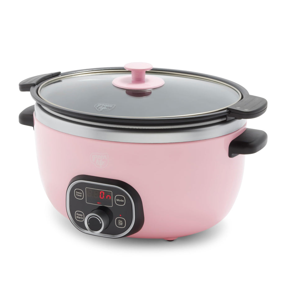 GreenLife 6QT slow cooker with removable pot for quick searing and easy cleanup.