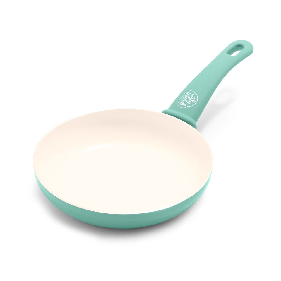 GreenLife 8-inch turquoise pan with ceramic nonstick for easy food release.