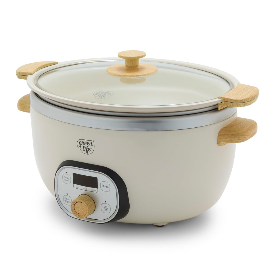 GreenLife 8QT slow cooker front view, ideal for large family meals and gatherings.