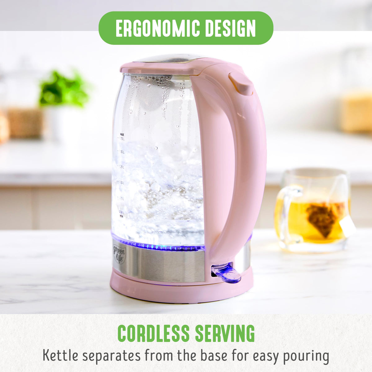 GreenLife borosilicate glass body resists thermal shocks for long-lasting use.