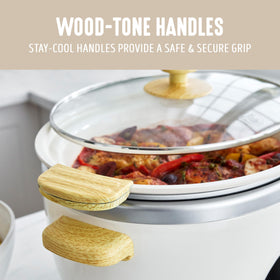 GreenLife clear glass lid allows monitoring without heat loss.