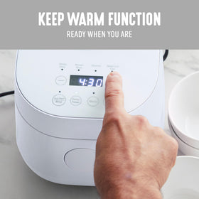 GreenLife Digital Rice Cooker cool-touch exterior protects countertops.