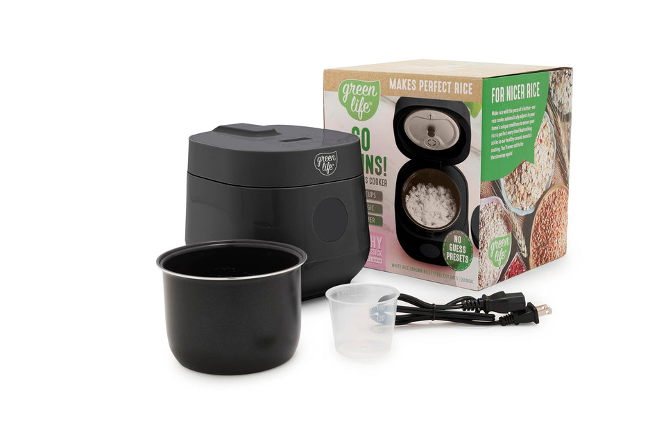 GreenLife Digital Rice Cooker front view, compact design for small kitchens and quick meals.