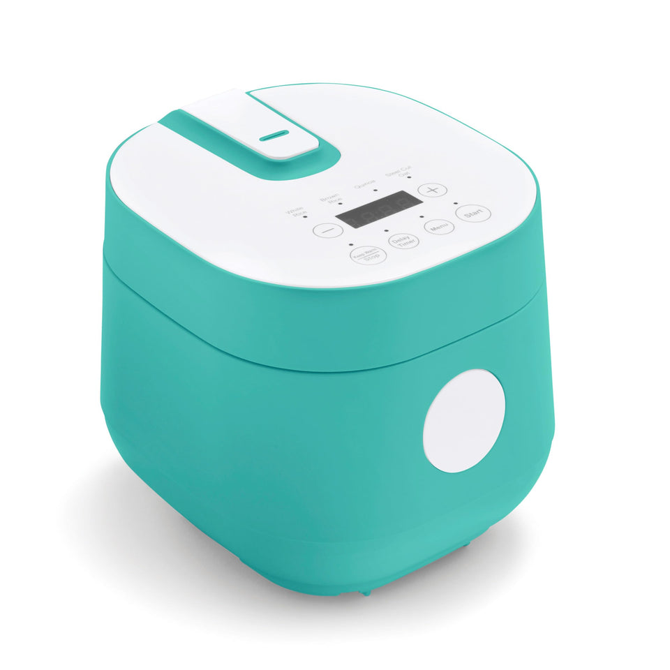 GreenLife digital rice cooker front view in turquoise showing compact design and controls