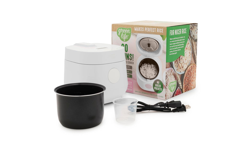 GreenLife Digital Rice Cooker front view shows compact design for small kitchens.