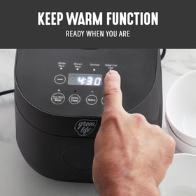 GreenLife Digital Rice Cooker fuzzy logic technology adjusts timing for ideal texture.