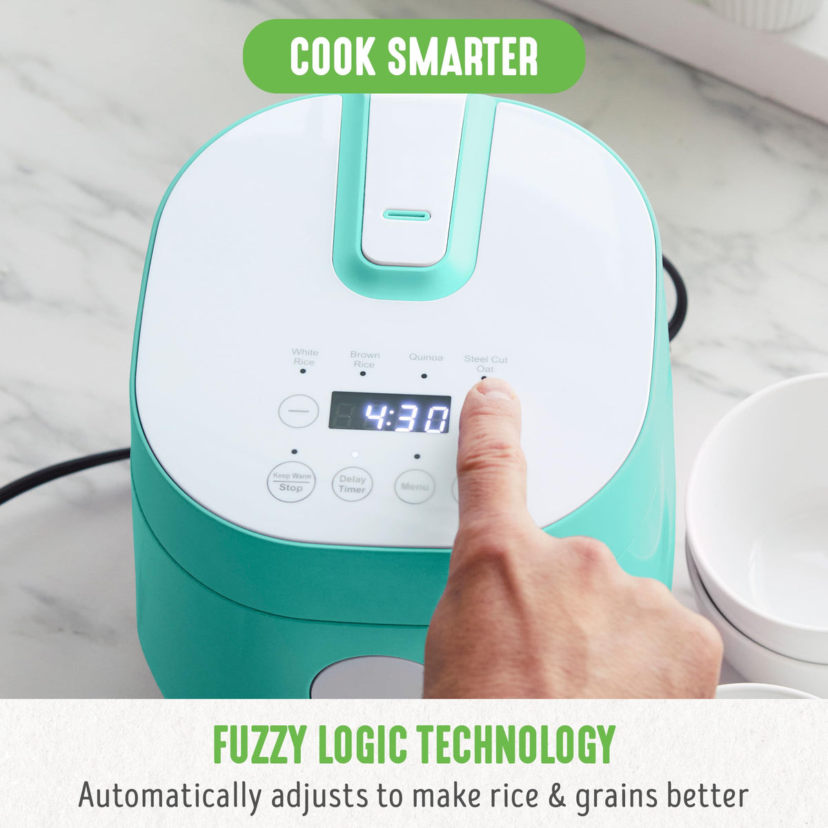 GreenLife rice cooker with lid open highlighting removable inner pot