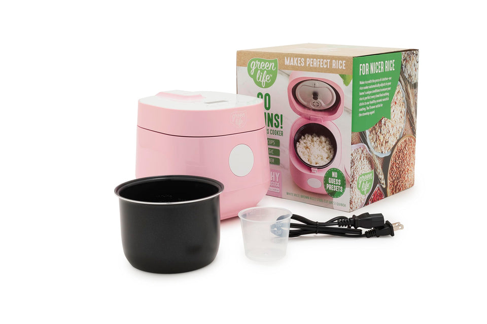 GreenLife Digital Rice Cooker pink front view showing compact design for small kitchens
