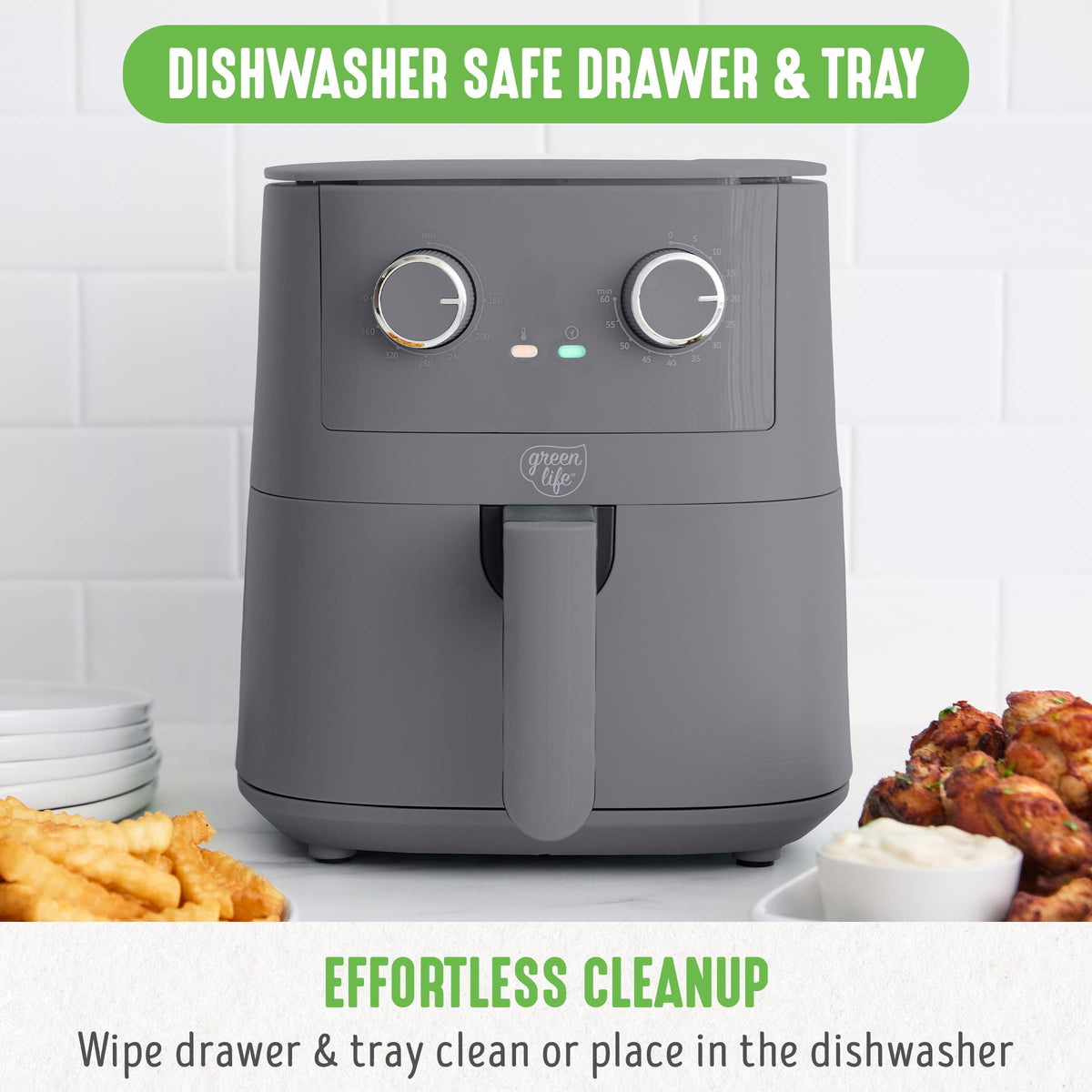 GreenLife EZ Air Fryer ceramic nonstick coating simplifies cleanup after cooking.