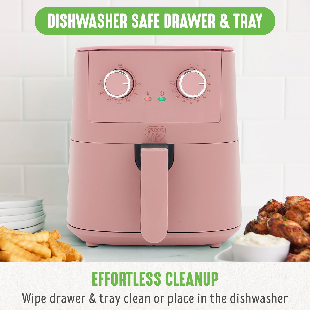 GreenLife EZ Air Fryer dishwasher-safe tray and drawer simplify cleanup.