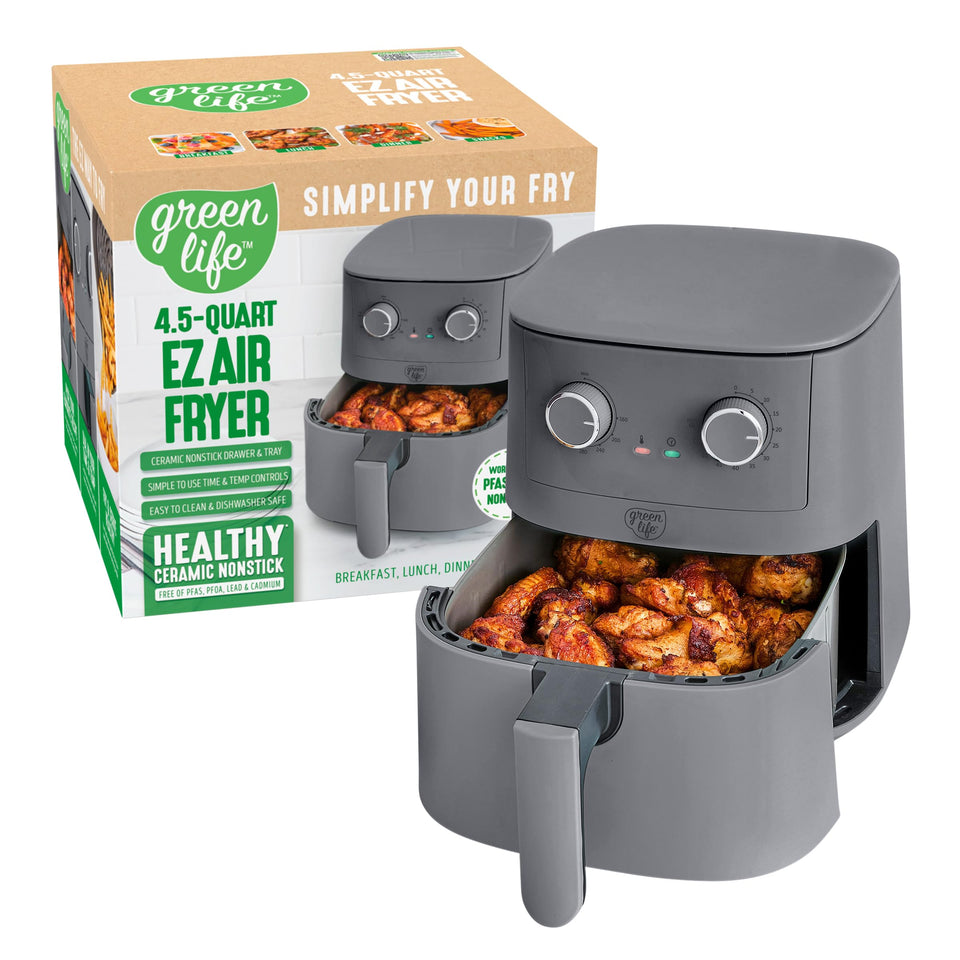 GreenLife EZ Air Fryer graphite drawer shows easy cleanup with PFAS-free ceramic coating.