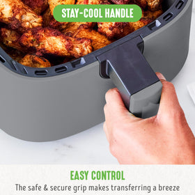 GreenLife EZ Air Fryer stay-cool handle enables safe, easy drawer insertion.