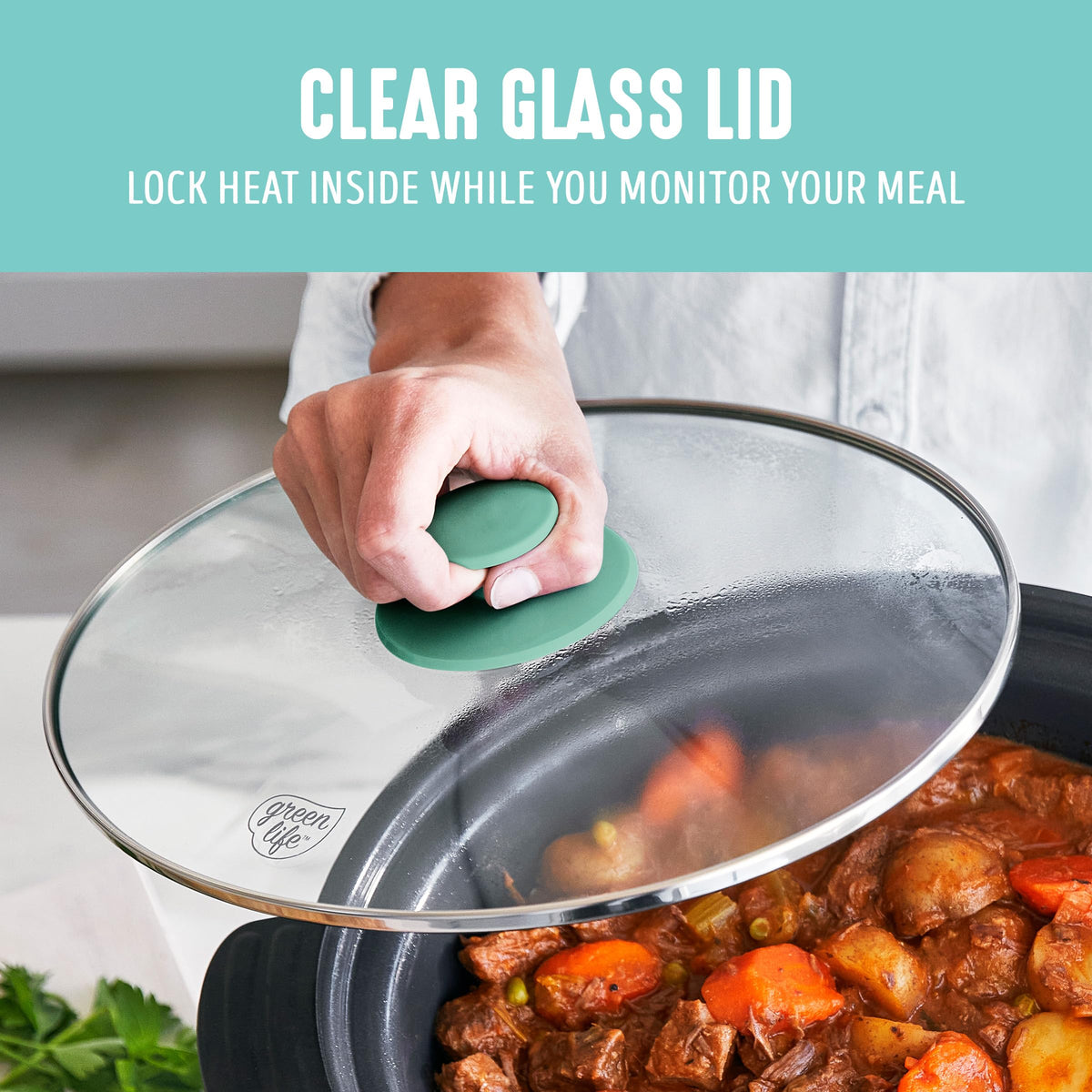 GreenLife keep warm function maintains serving temperature