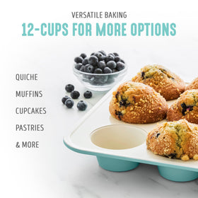 GreenLife muffin pan in oven demonstrates even heating for bakery results.