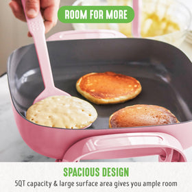 GreenLife pink skillet lid vent shows steam-ready cooking view.