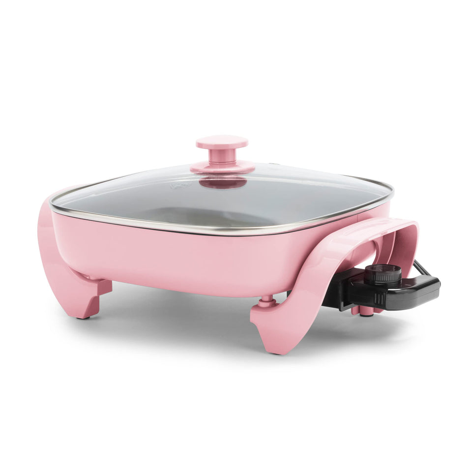 GreenLife pink square electric skillet surface for family-friendly meals.