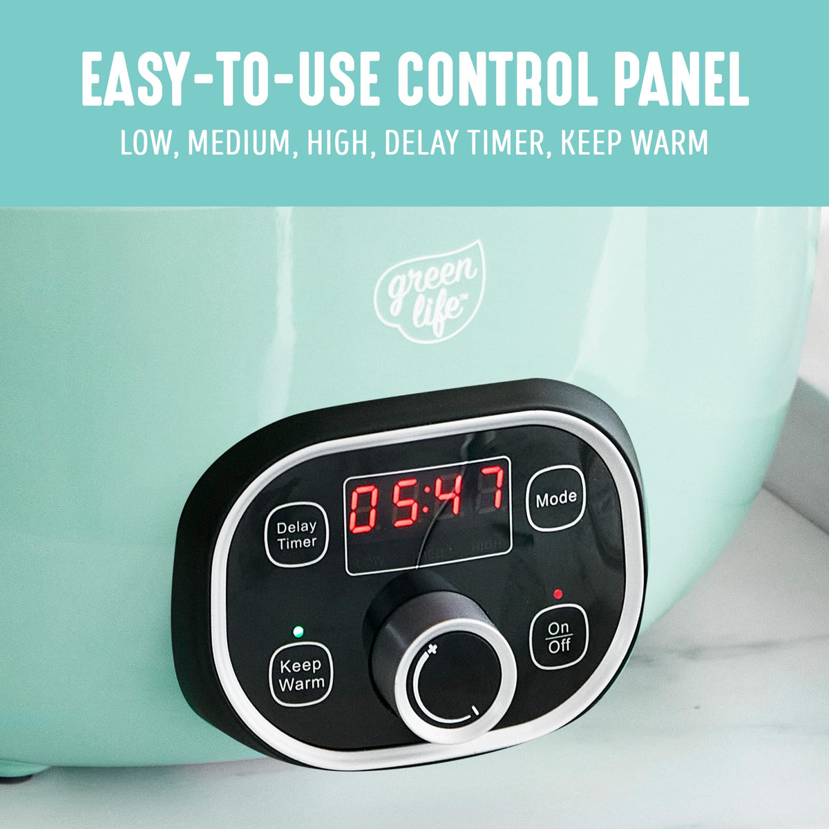 GreenLife programmable control panel with delay start and keep warm features
