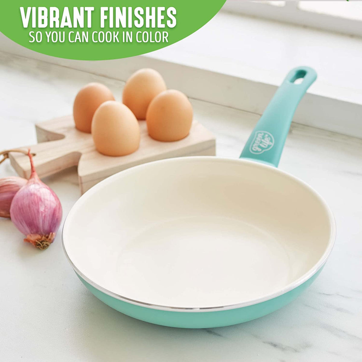 GreenLife recycled aluminum construction emphasizes eco-friendly cookware choice.