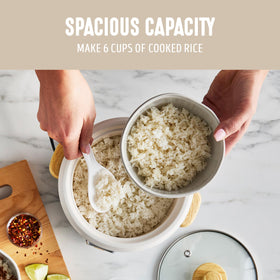 GreenLife rice cooker showing 6 cups cooked yield for family meals.