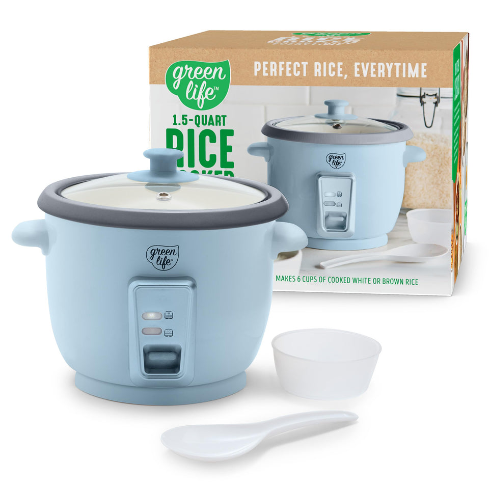 GreenLife rice cooker Blue Haze front view highlights compact design for small kitchens.