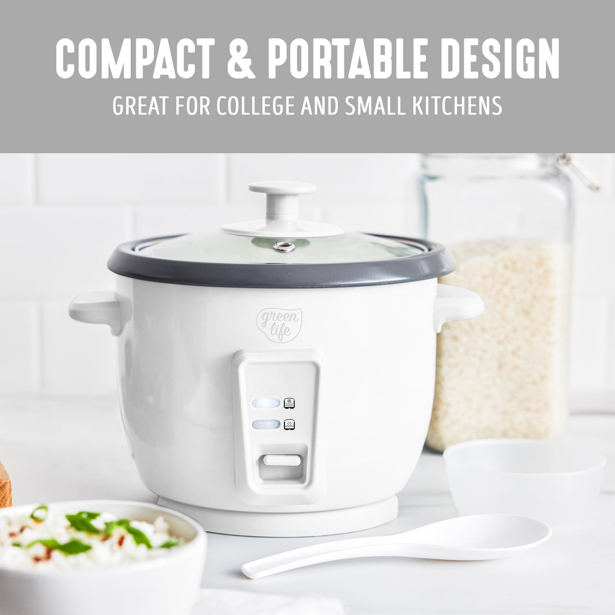 GreenLife rice cooker compact design fits small kitchens and countertops.