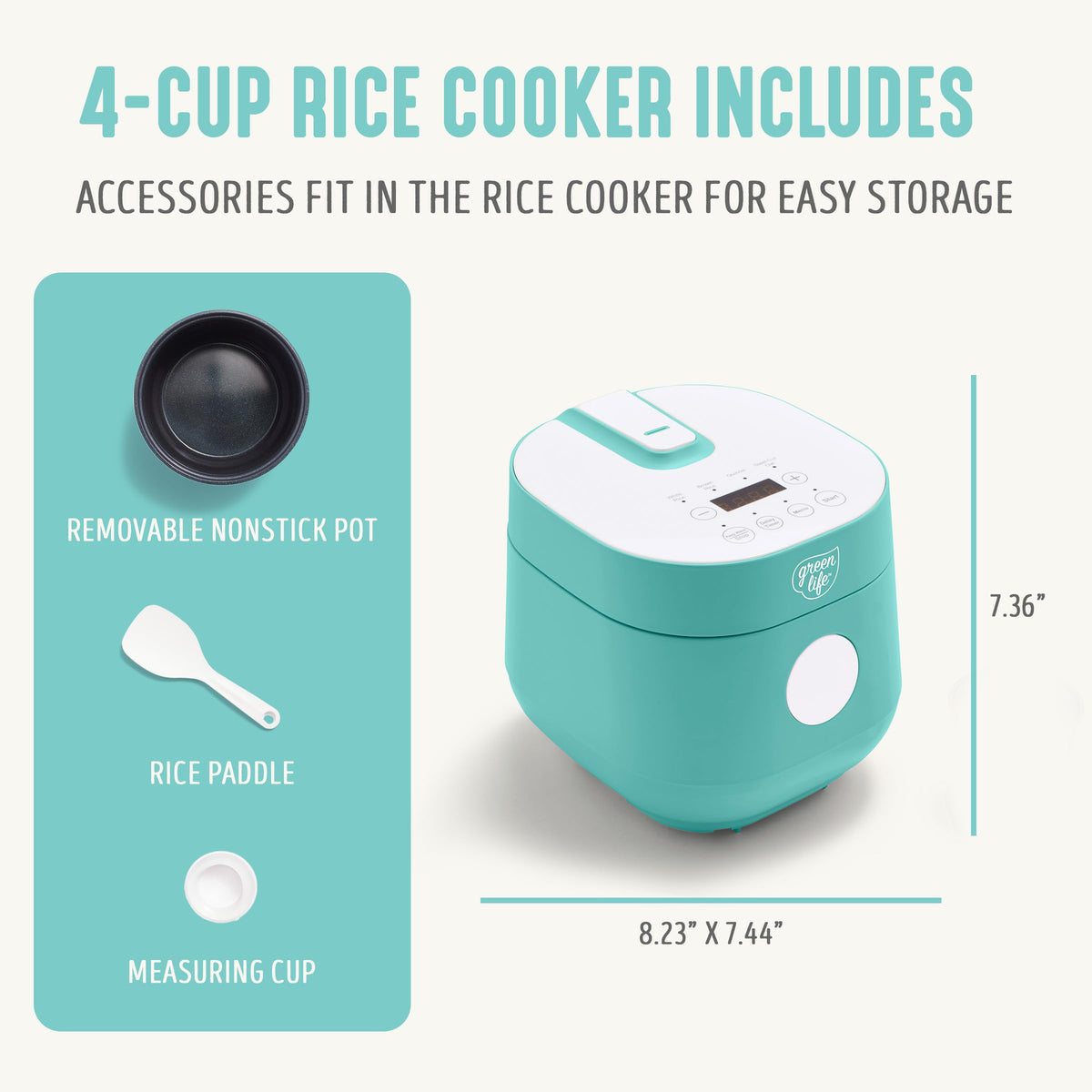 GreenLife compact design rice cooker shown on a kitchen counter