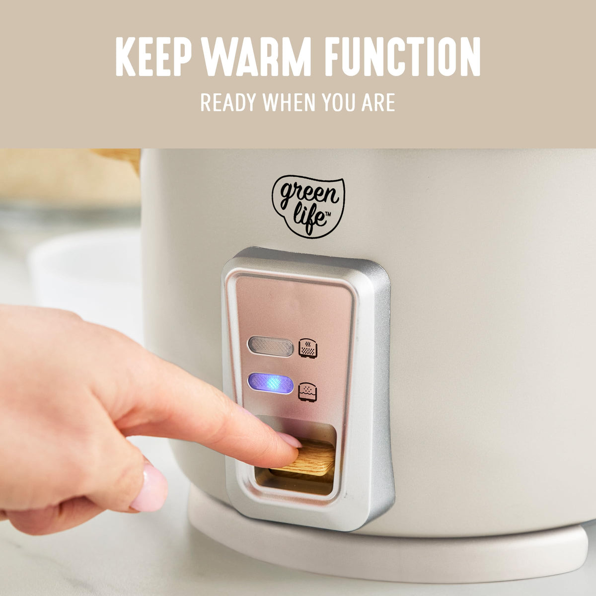 GreenLife rice cooker compact design fits small kitchens.