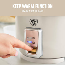 GreenLife rice cooker compact design fits small kitchens.