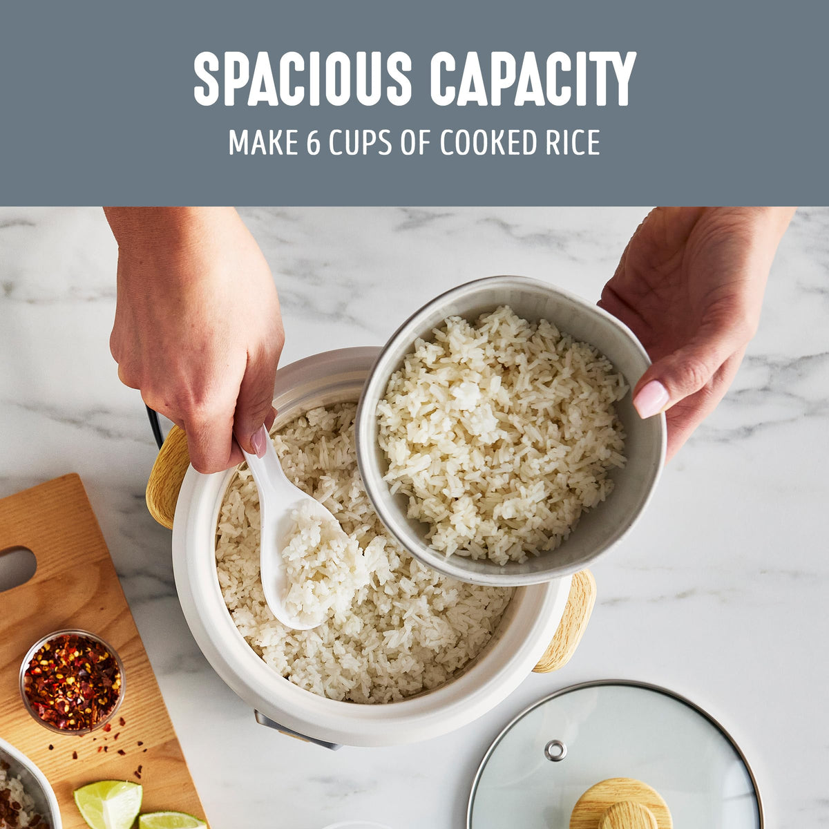 GreenLife rice cooker cool-touch exterior for safe transport after cooking.