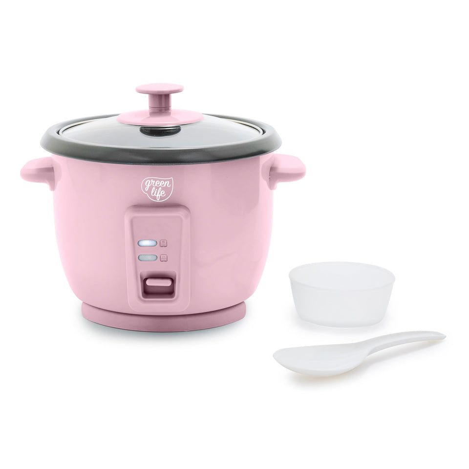 GreenLife rice cooker on counter with removable inner pot for easy cleanup