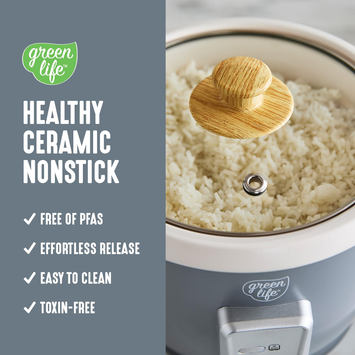 GreenLife rice cooker one-touch operation for white or brown rice.