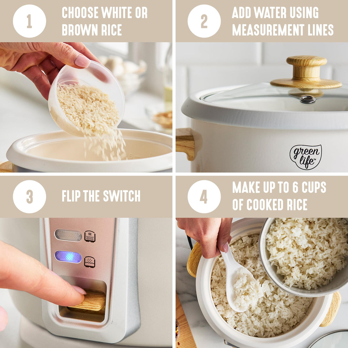 GreenLife rice cooker wood-print handle stays cool during transport.