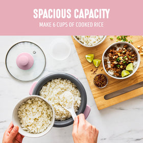 Rice cooker showing six cups cooked rice, ideal for family meals