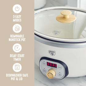 GreenLife control panel shows delay timer and three heat settings for flexible cooking.