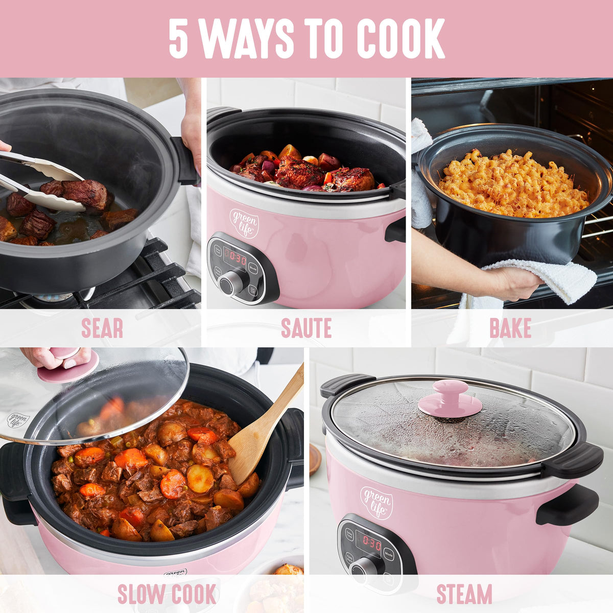 GreenLife slow cooker control panel with flexible settings for meal timing.