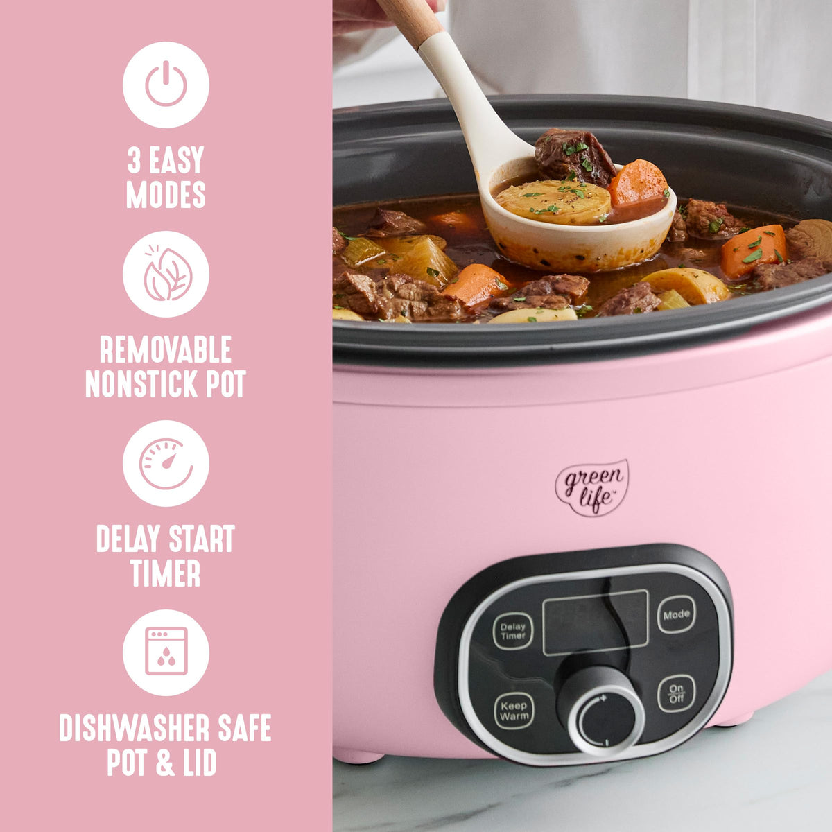 GreenLife delay timer feature lets you start meals up to 10 hours ahead.