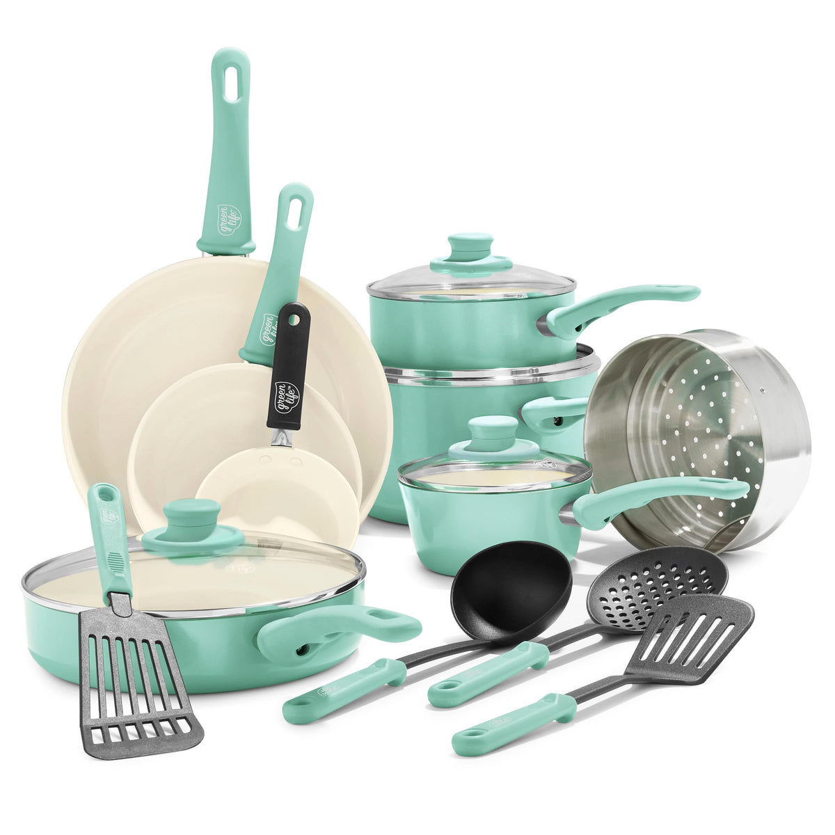 GreenLife Soft Grip 16-piece set with ceramic nonstick for easy release and quick cleanup.