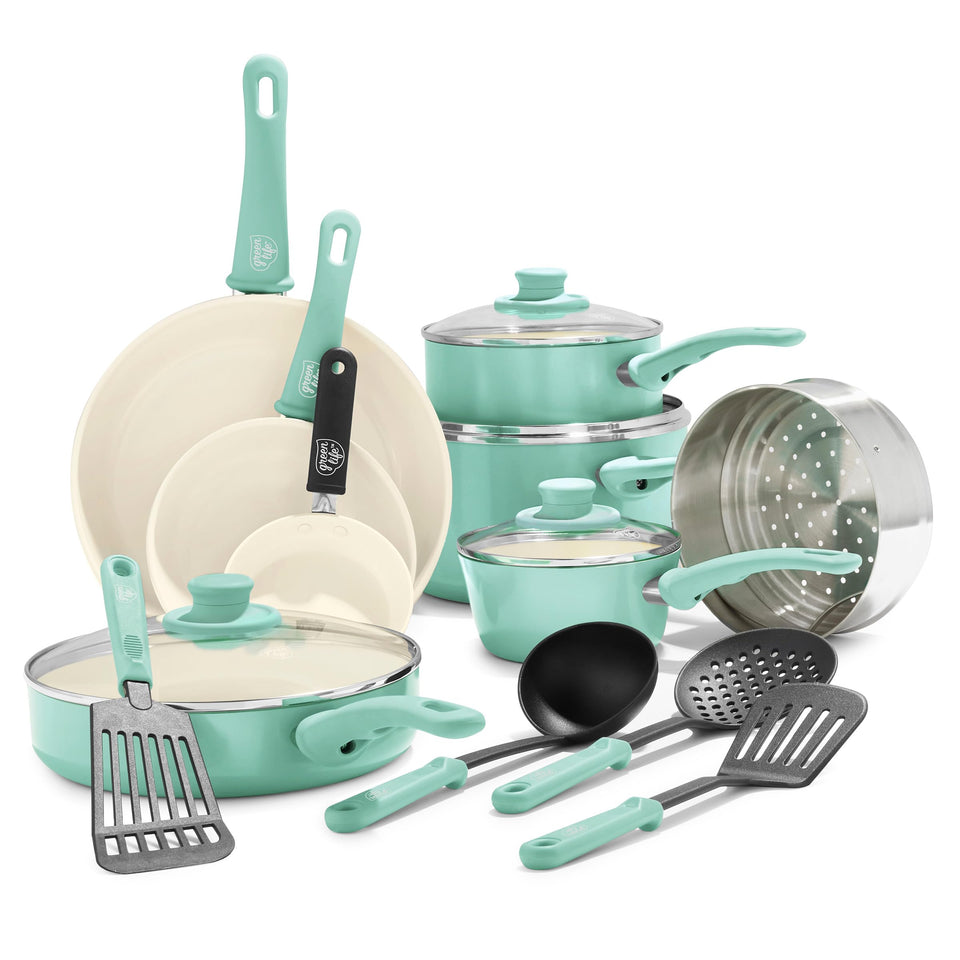 GreenLife Soft Grip 16-piece set with ceramic nonstick for easy release and quick cleanup.