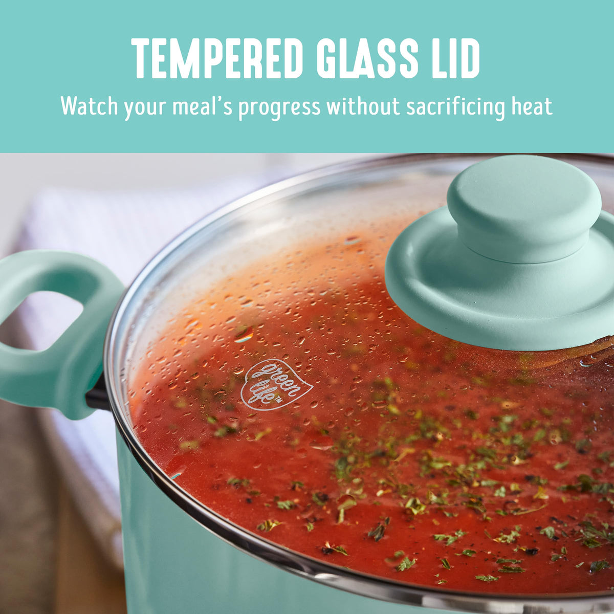 GreenLife durable glass lids let you monitor meals without heat loss.