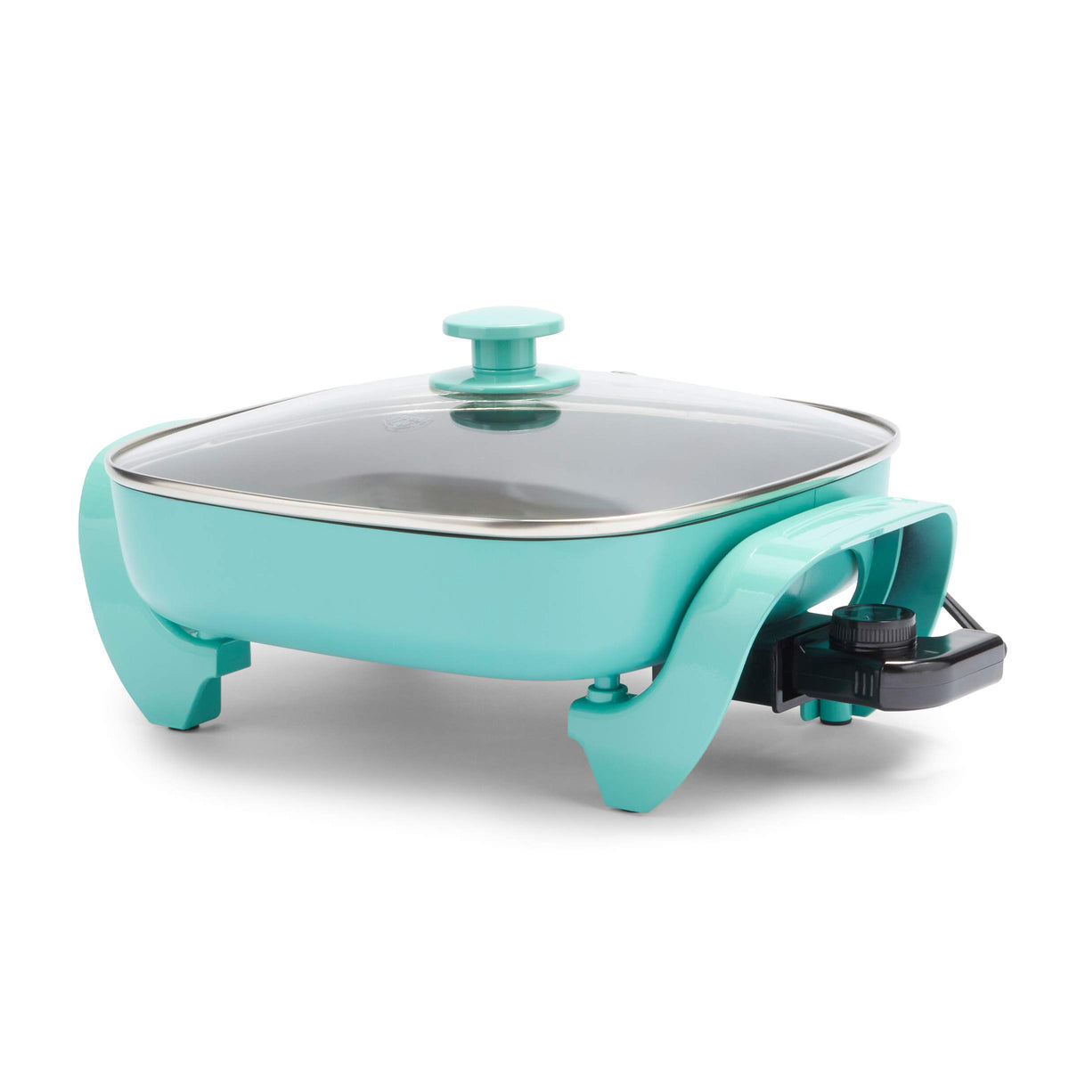 GreenLife square electric skillet with glass lid showing cooking progress for visible results