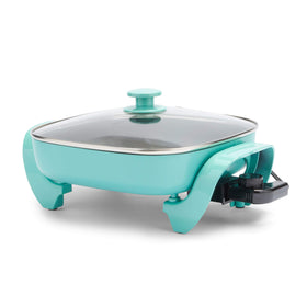 GreenLife square electric skillet with glass lid showing cooking progress for visible results