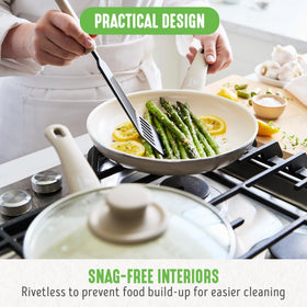 GreenLife works on all stovetops except induction and is oven safe